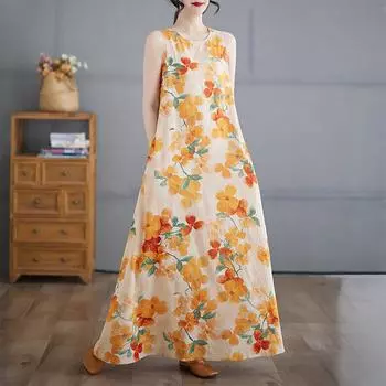 Летнее новое художественное свободное платье с круглым вырезом и без рукавов для женщин, длинное платье M