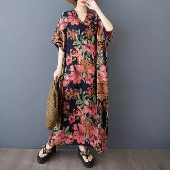 Летнее новое художественное свободное женское платье с V-образным вырезом и короткими рукавами one size