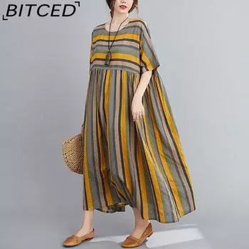 Летнее новое литературное ретро-платье с круглым вырезом и короткими рукавами, полосатое свободное платье длиной до колена с круглым вырезом One Size жёлтый