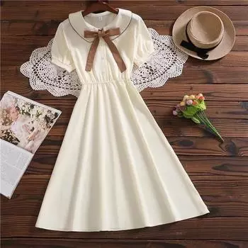 Летнее новое милое платье в японском стиле с коротким рукавом Mori Girl Solid Casual vestidos S бежевый