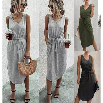 Летнее новое модное повседневное однотонное кружевное женское платье без рукавов с v-образным вырезом S