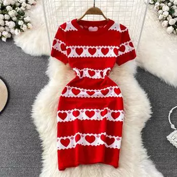 Летнее новое модное темпераментное трикотажное платье трапециевидной формы с круглым вырезом и короткими рукавами в форме сердца с талией и тонкими рукавами One Size чёрный