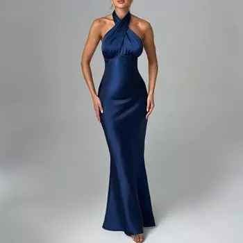 Летнее новое модное вечернее сексуальное платье с открытой спиной, женское элегантное вечернее платье без рукавов для женщин, повседневное однотонное облегающее длинное платье со шнуровкой и бретелькой через шею 26191 S синий