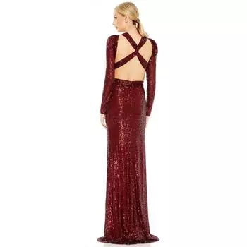 Летнее новое нестандартное банкетное платье с открытой спиной, сексуальное платье с разрезом и длинными рукавами, украшенное пайетками S бордовый