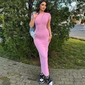 Летнее новое облегающее сексуальное темпераментное чистое желание круглое декольте с короткими рукавами длинное женское платье S коричневый