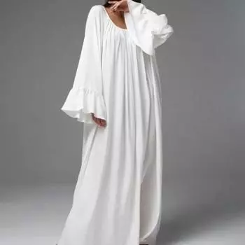Летнее новое однотонное повседневное платье большого размера с расклешенными рукавами, женская мода, элегантное свободное платье большого размера с круглым вырезом, простое длинное платье макси А-силуэта 26381 One Size белый