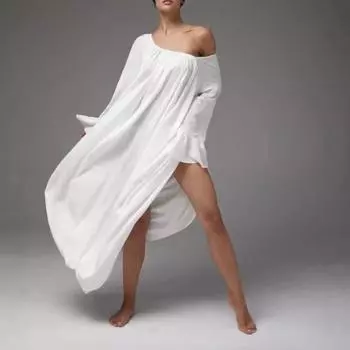 Летнее новое однотонное повседневное платье большого размера с расклешенными рукавами, женская мода, элегантное свободное платье большого размера с круглым вырезом, простое длинное платье макси А-силуэта 26381 One Size чёрный