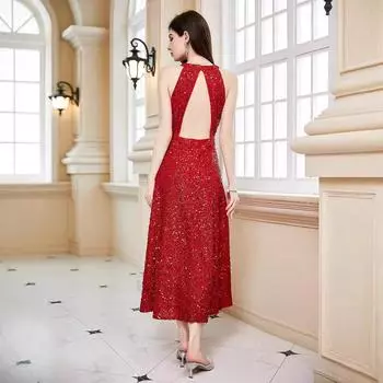Летнее новое платье без рукавов платье с открытой спиной вечернее платье S красный