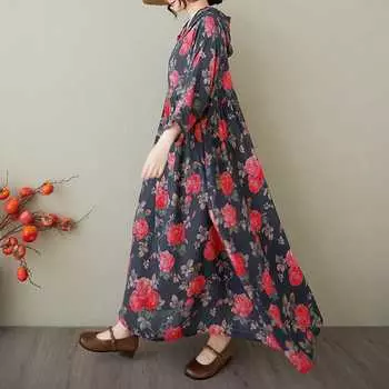 Летнее новое платье большого размера в стиле ретро, нежное, шелковое, хлопковое, льняное, с капюшоном и принтом, мягкая и удобная женская одежда One Size