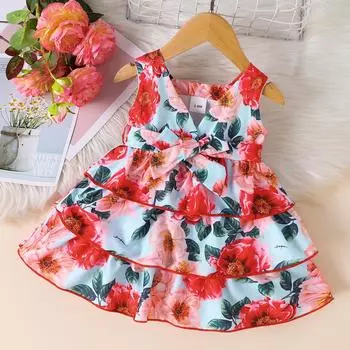 Летнее новое платье для девочек с V-образным вырезом без рукавов, цветочное модное трехслойное платье принцессы с тортом 3-6M