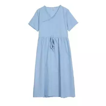 Летнее новое платье из хлопка и льна однотонной расцветки для женщин, этнический стиль, грибовидный воротник, завязка на талии, короткий рукав, платье-подкладка для женщин M синий