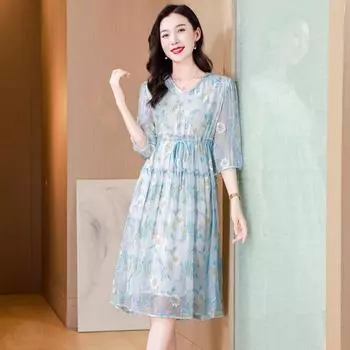 Летнее новое платье из шелка с V-образным вырезом, шнуровкой, элегантным темпераментом, универсальное, модное, с вышивкой на юбке M синий