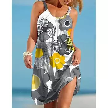 Летнее новое платье миди с 3D цветочным принтом и короткой юбкой на бретелях, сексуальное свободное повседневное платье, повседневное женское летнее платье в стиле бохо S