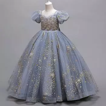 Летнее новое платье принцессы для девочек, платье высокого класса, пышное платье, свадебное платье для девочек-цветочниц 120cm серебряный серый