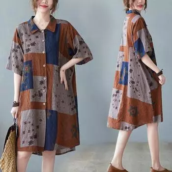 Летнее новое платье-рубашка больших размеров из хлопка и льна с винтажным принтом и хвостом лотоса Free size оранжевый