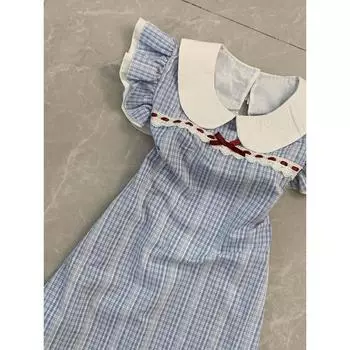 Летнее новое платье с милым темпераментом, маленькими рукавами-фонариками, синим клетчатым дизайном и маленькой юбочкой, модное и омолаживающее S- (can be worn within 45kg)
