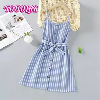 Летнее новое полосатое платье для девочек, однобортное платье без рукавов на подтяжках, детская одежда 5-6Y зелёный