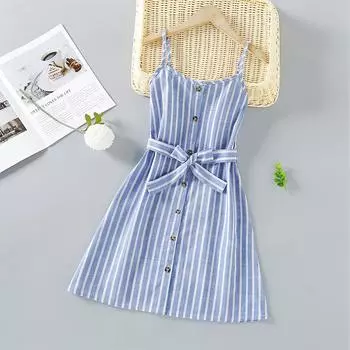 Летнее новое полосатое платье для девочек, однобортное платье без рукавов на подтяжках, детская одежда 5-6Y зелёный