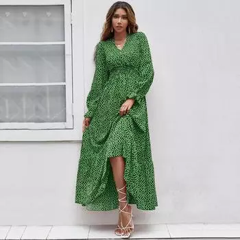 Летнее новое повседневное платье с длинным рукавом и принтом в горошек, женское элегантное свободное платье с V-образным вырезом для отдыха, женское модное облегающее винтажное женское платье 26186 S чёрный