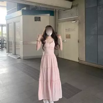 Летнее Новое Розовое Платье-Майка Женское Повседневное Высококлассное Изысканное С Завышенной Талией Приталенное Торт Длинная Юбка S- (can be worn within 45kg) розовый