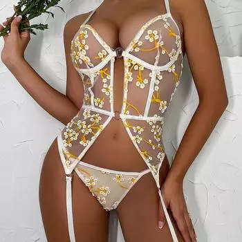 Летнее новое сексуальное нижнее белье для женщин, сетчатое вышитое комбинезон с подтяжками, нижнее белье для женщин, комплект для секса оптом S