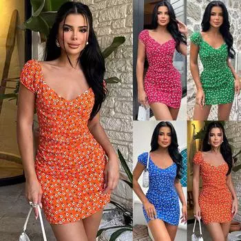 Летнее новое стильное универсальное приталенное короткое платье с v-образным вырезом и цветочным принтом для европейских и американских женщин S