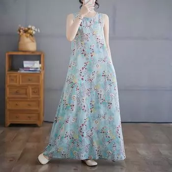 Летнее новое свободное платье без рукавов с круглым вырезом и принтом для женщин, длинные платья M