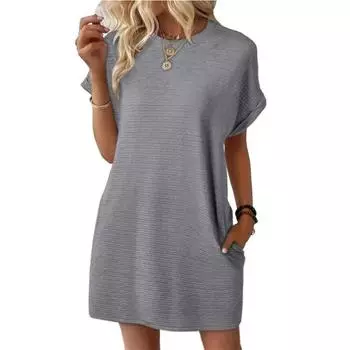 Летнее новое свободное платье с круглым вырезом, карманом и однотонным коротким рукавом для женщин S