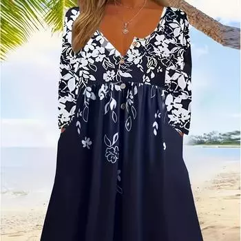 Летнее новое свободное повседневное модное темпераментное платье с цветочным принтом и круглым вырезом с длинными рукавами S синий