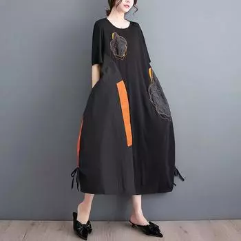 Летнее новое свободное повседневное вышитое платье с цветным блоком на подоле, утягивающее женское модное художественное платье One Size чёрный