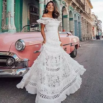 Летнее новое винтажное сексуальное платье с открытыми плечами, женское, с оборками, кружевное, белое, свободное, женское, элегантное, с высокой талией, повседневные платья А-силуэта 25088 S белый