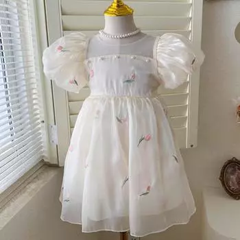 Летнее новое женское милое платье принцессы с короткими рукавами и трехмерными крыльями и цветком 90cm бежевый