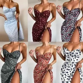 Летнее новое женское модное сексуальное платье с фрагментарным цветочным ремнем S вино красного