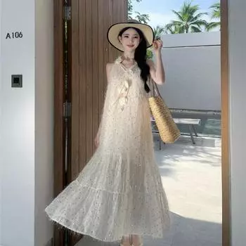 Летнее новое женское однотонное платье с V-образным вырезом без рукавов с розовыми пайетками S белый