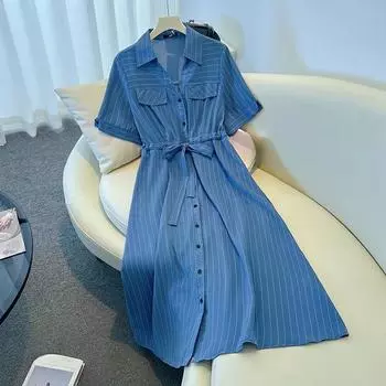 Летнее новое женское платье больших размеров в пригородном стиле с полосатыми лацканами и шнуровкой 2XL
