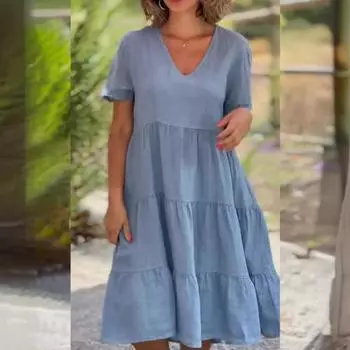 Летнее новое женское платье с коротким рукавом и большим размером, модное, с V-образным вырезом, однотонное, повседневное, элегантное, свободное платье для отпуска, женская одежда 26507 S розы красного