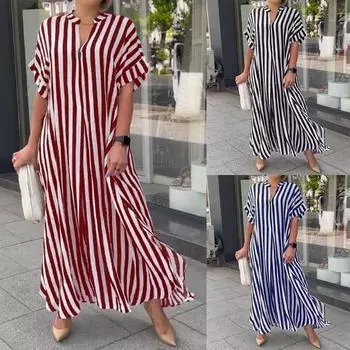 Летнее новое женское полосатое платье с разрезом и длинными рукавами S красный
