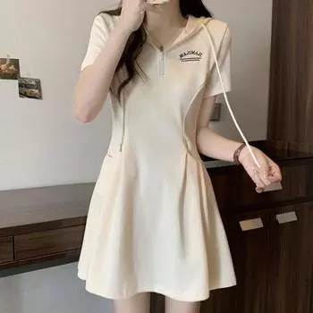 Летнее новое женское спортивное повседневное платье с вышитыми буквами и капюшоном S абрикосовый