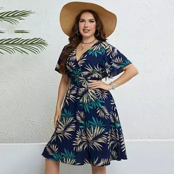 Летнее облегающее элегантное свободное платье с V-образным вырезом и принтом для женщин, модное повседневное платье в винтажном стиле с коротким рукавом, женское платье-трапеция с высокой талией для отпуска 26244 3XL синий