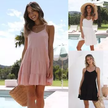 Летнее облегающее однотонное платье с v-образным вырезом в европейском и американском стиле на подтяжках, модное женское повседневное платье XXL белый