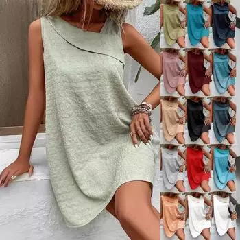 Летнее облегающее платье без рукавов с вырезом и вырезом, женское трапециевидное элегантное повседневное короткое платье, женская мода, свободные простые пляжные женские платья 24257 S чёрный