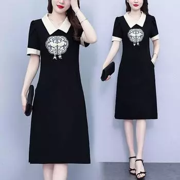 Летнее облегающее платье с китайской вышивкой, прикрывающее живот, молодое, стильное M чёрный