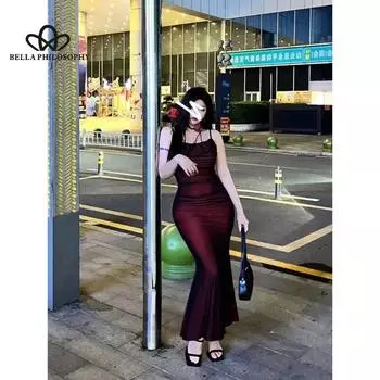 Летнее облегающее сексуальное длинное платье для зрелых бедер с узкой талией, утягивающее сетчатое вечернее платье на бретельках с открытой спиной и рыбьим хвостом XS чёрный