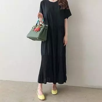 Летнее однотонное круглое художественное хлопковое льняное свободное плиссированное платье с короткими рукавами M чёрный