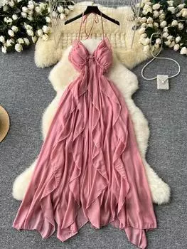 Летнее однотонное милое длинное платье для отпуска, женское платье с застежкой-молнией на бретельках, сексуальное пляжное бальное платье с открытой спиной и оборками, новое S розовый