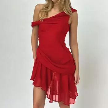 Летнее однотонное платье без рукавов с открытыми плечами во французском стиле с утягивающим эффектом на талии, нестандартные платья S красный