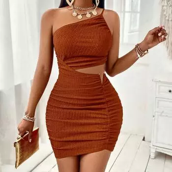 Летнее однотонное платье с косым вырезом и сумкой на плече для женщин S коричневый