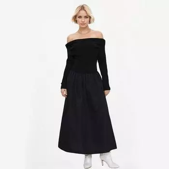 Летнее однотонное платье с одной линией плеча, длинным рукавом и талией, темпераментное M чёрный