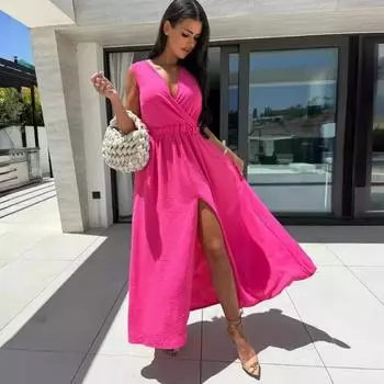 Летнее однотонное платье с V-образным вырезом, сексуальное, темпераментное, с разрезом и высокой талией, длинное для женщин S чёрный