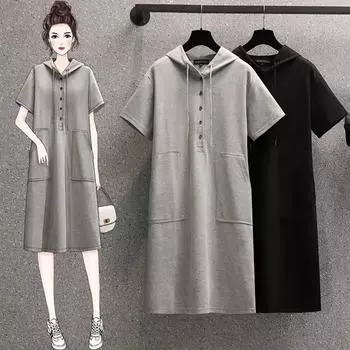 Летнее однотонное повседневное платье больших размеров с капюшоном, футболка с короткими рукавами, юбка средней длины XXXXL чёрный